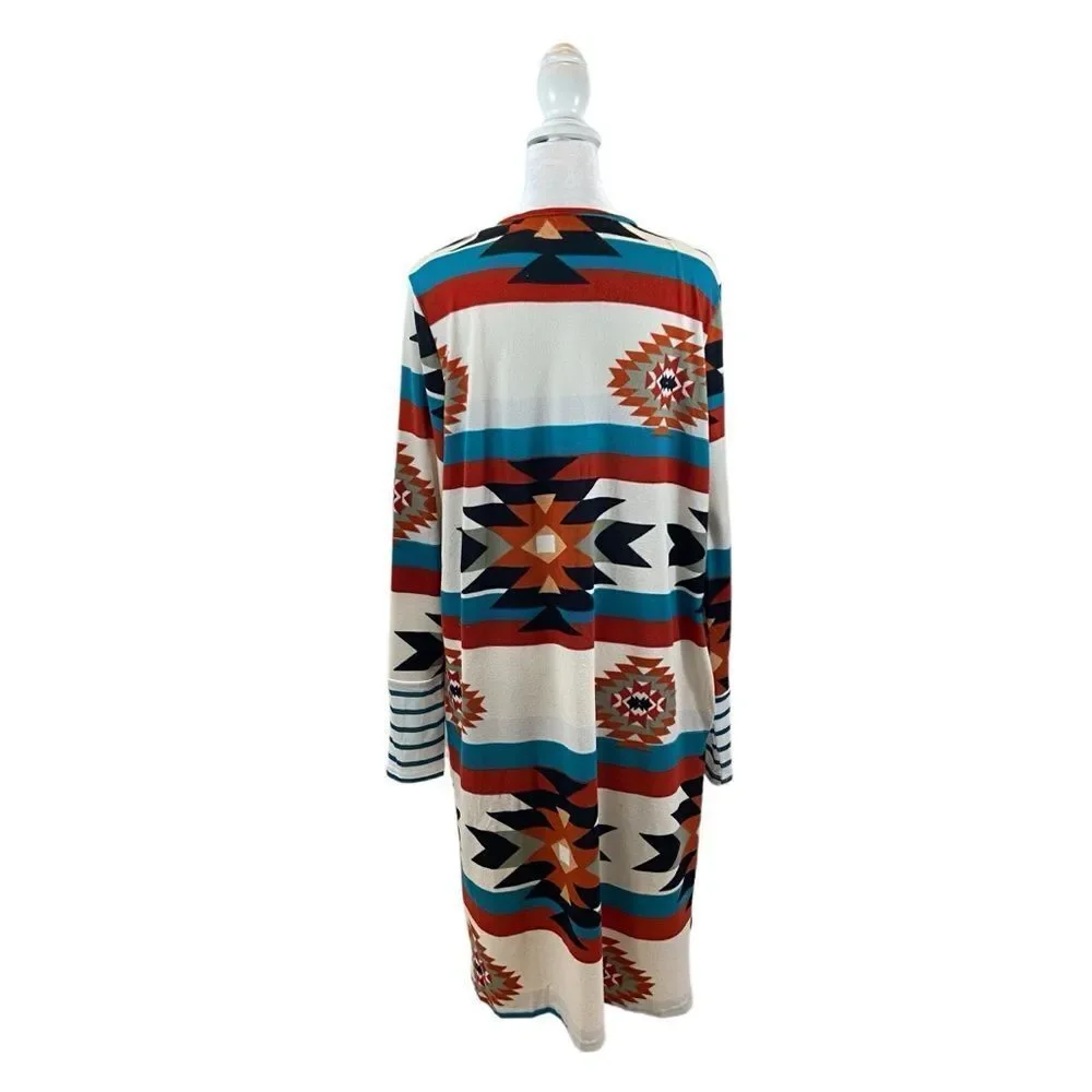 Ladies One Eleven‎ North Brand Aztec Print Long Duster Open Front Sweater Medium